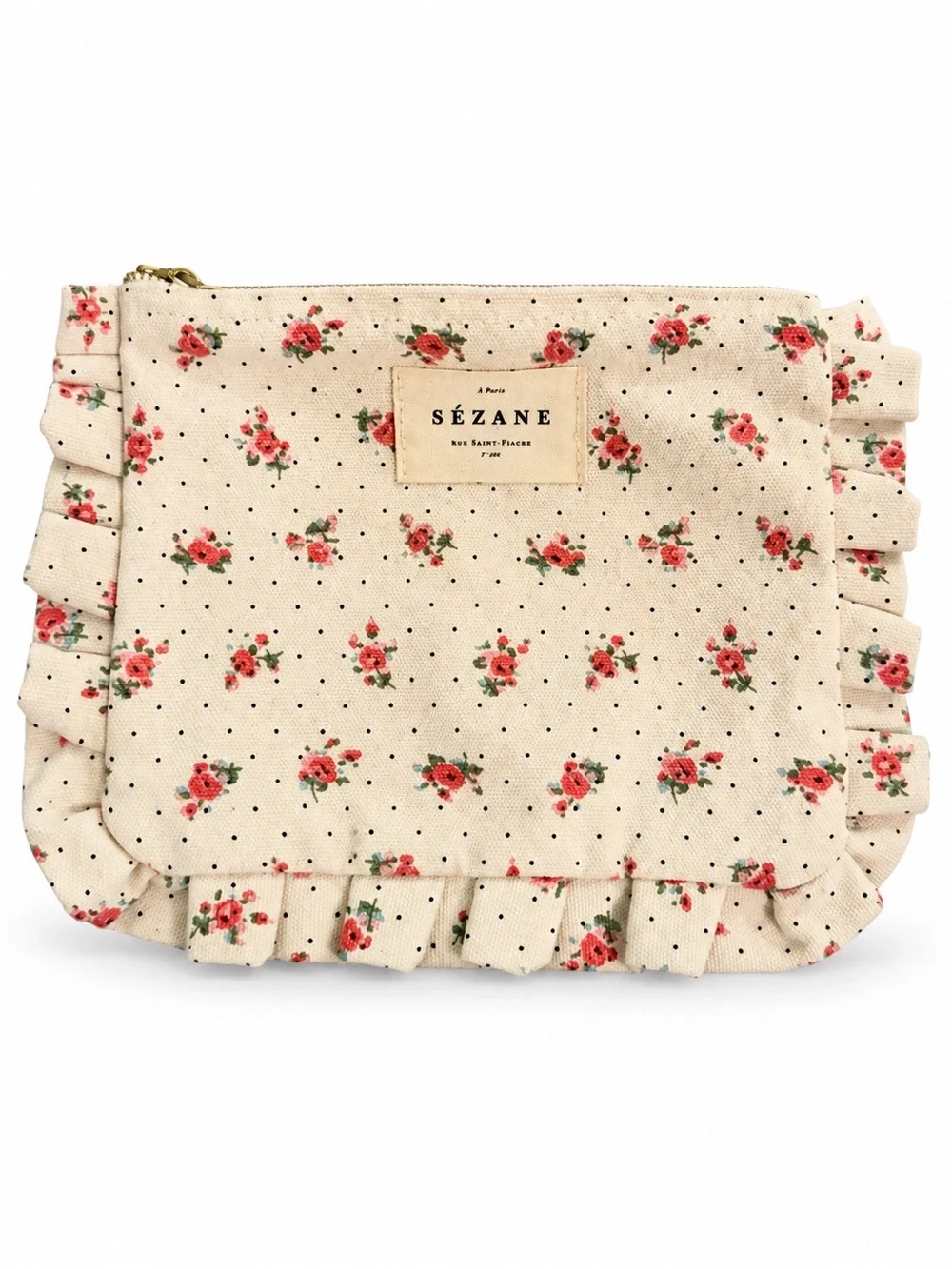 Sézane Cream Floral Ruffle Cosmetic Pouch